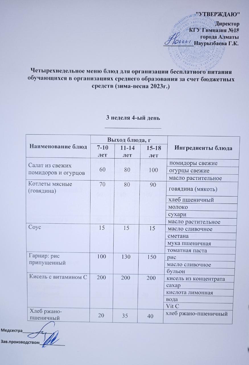 Оқушыларға тегін берілетін тағамдардың мәзірі (қыркүйек-желтоқсан) 3 апта 4 күні