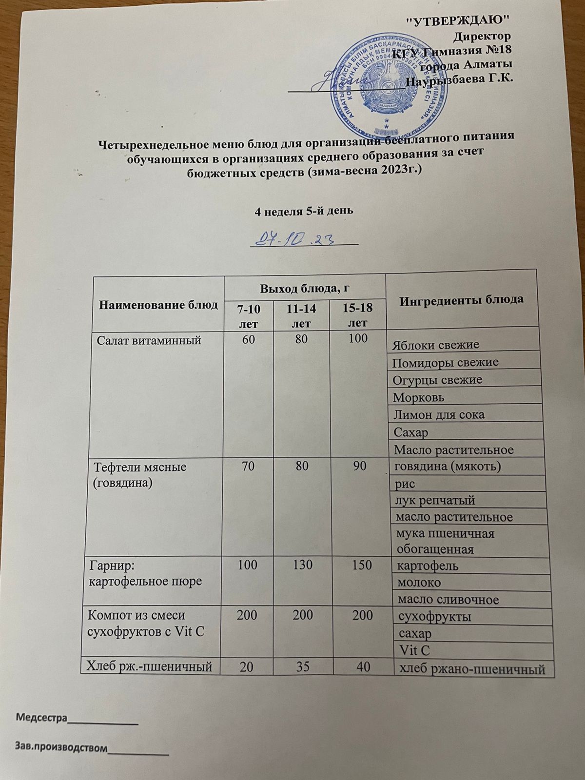 Оқушыларға тегін берілетін тағамдардың мәзірі (қыркүйек-желтоқсан) 4 апта 5 кун