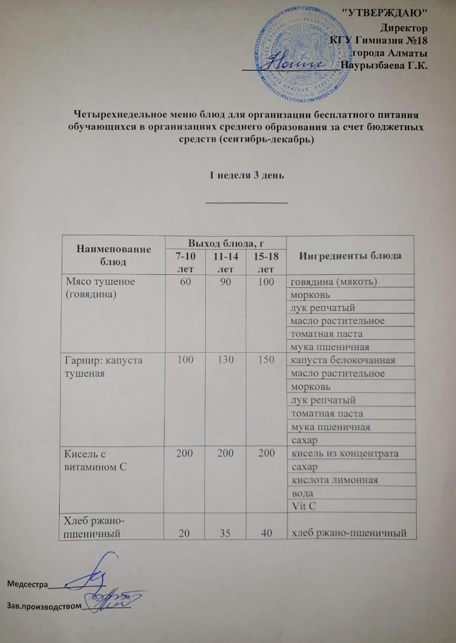 Оқушыларға тегін берілетін тағамдардың мәзірі (қыркүйек-желтоқсан) 1 апта 3 күні