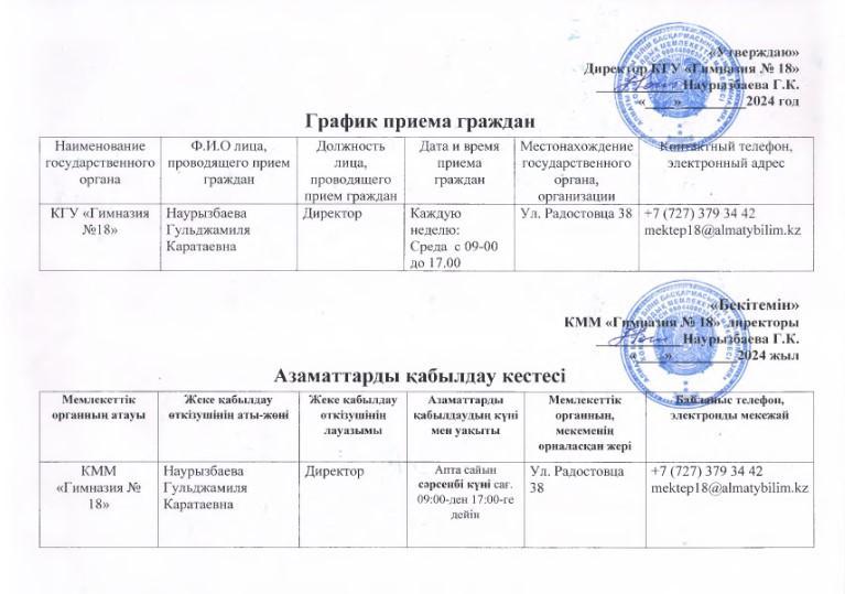 Азаматтарды қабылдау кестесі