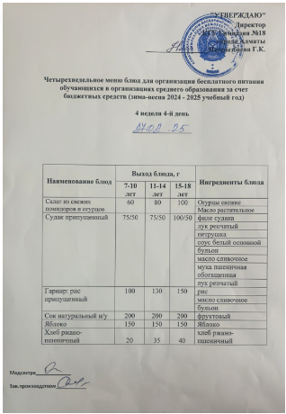 Оқушыларға тегін берілетін тағамдардың мәзірі (4-4)