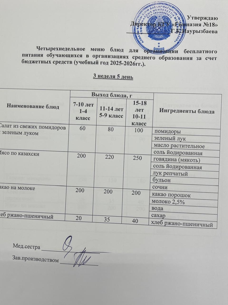 Оқушыларға тегін берілетін тағамдардың мәзірі (3-5)