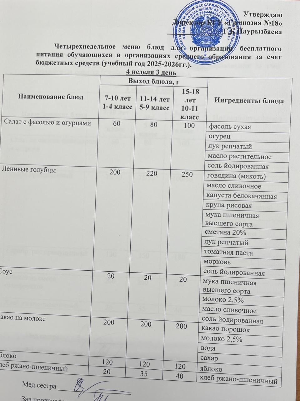 Оқушыларға тегін берілетін тағамдардың мәзірі (4-3)