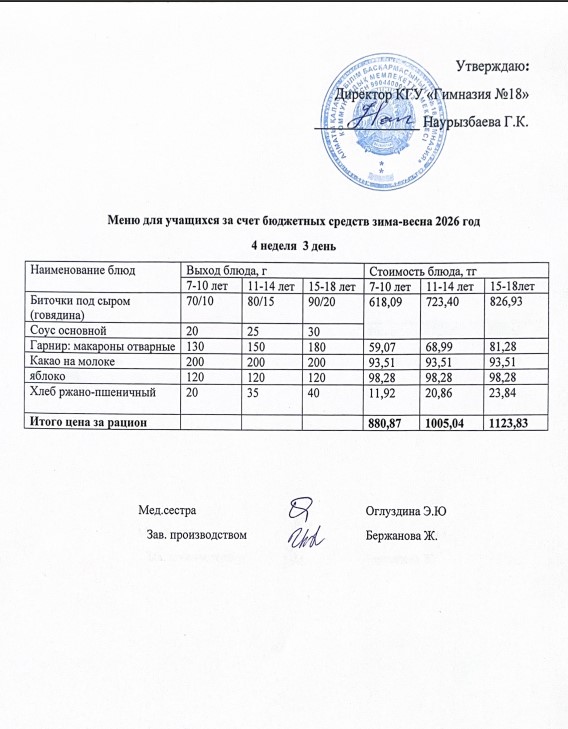 Оқушыларға тегін берілетін тағамдардың мәзірі (4-3)