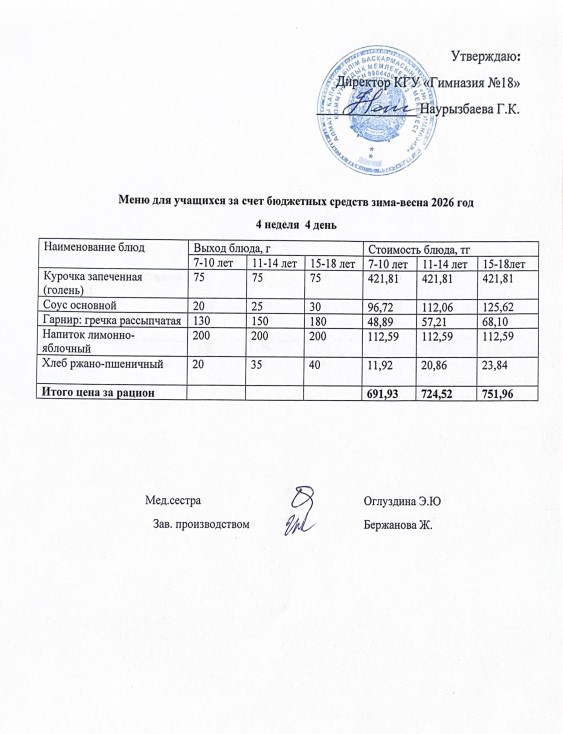 Оқушыларға тегін берілетін тағамдардың мәзірі (4-4)