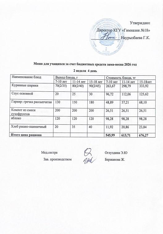 Оқушыларға тегін берілетін тағамдардың мәзірі (2-4)